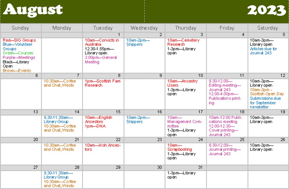 Calendar Newcastle Family History Society