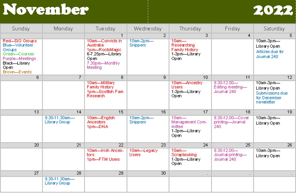 Calendar Newcastle Family History Society